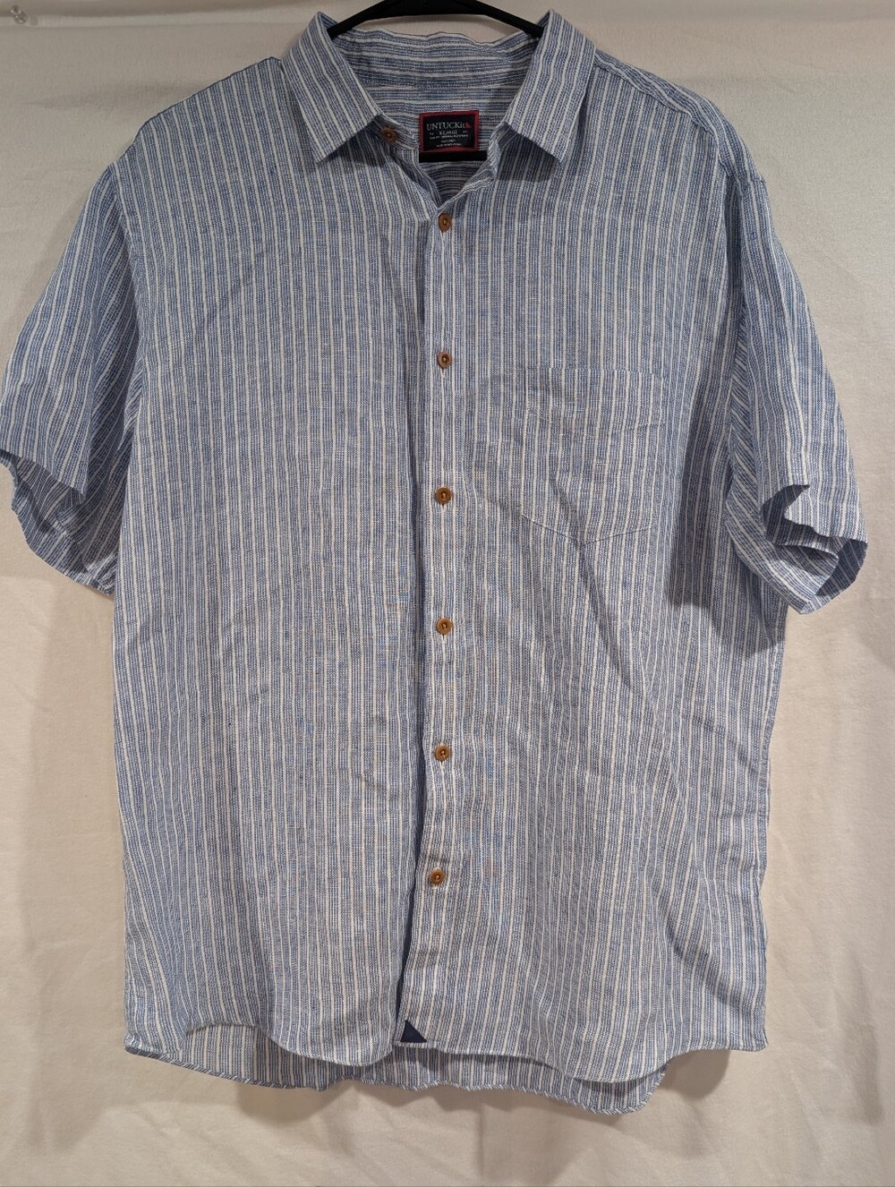 Untuckit Men’s Blue White Striped Short-Sleeve Shirt Size XL SLIM FIT 100% Linen